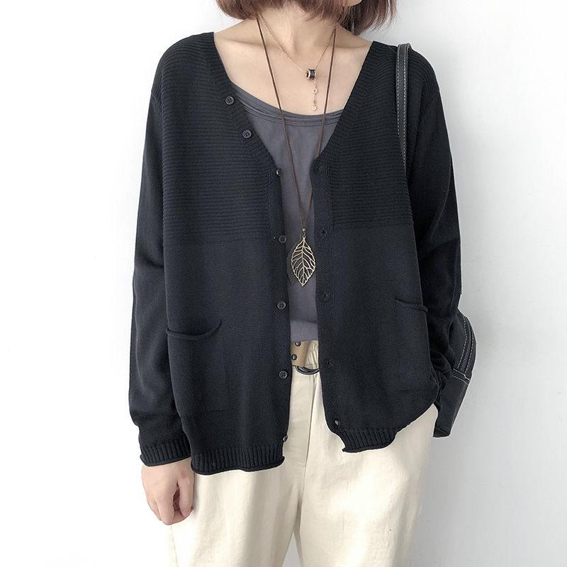 Весенние женские кардиганы, свитера, однотонные, свободные, с V-образным вырезом, с длинным рукавом, универсальные карманы, пальто больших размеров