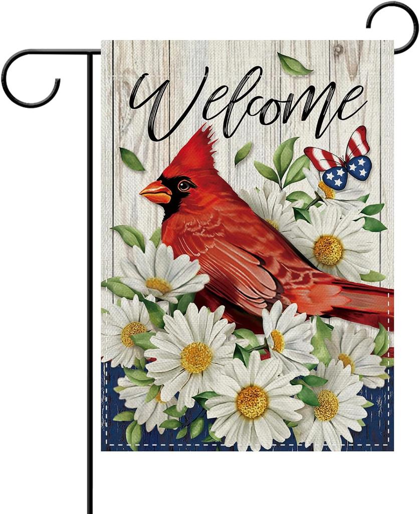 Dyrenson Welcome 4th of July Patriotic Cardinal Decorative Garden ag, America Red Bird Daisy ower Yard Outside Home Deco AAS