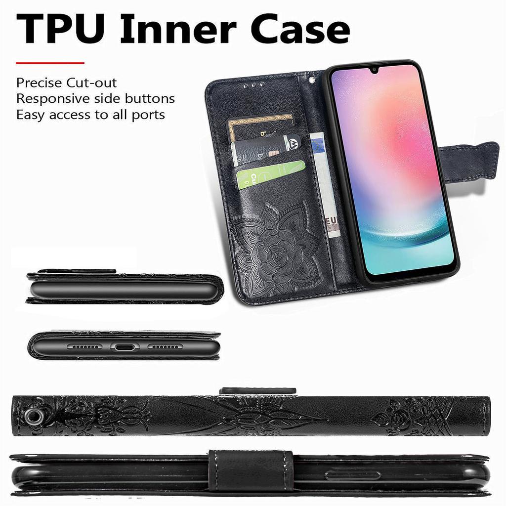 For Samsung Galaxy A24 4G (162.1 X 77.6 X 8.3mm) Stand Wallet Case PU Leather Butterfly Imprinted Flip Phone Cover