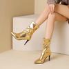 Autumn and Winter Gold Silver Bright Patent Leather Pointed Super Fine Heel Elastic Thin Boots Medium Boots
