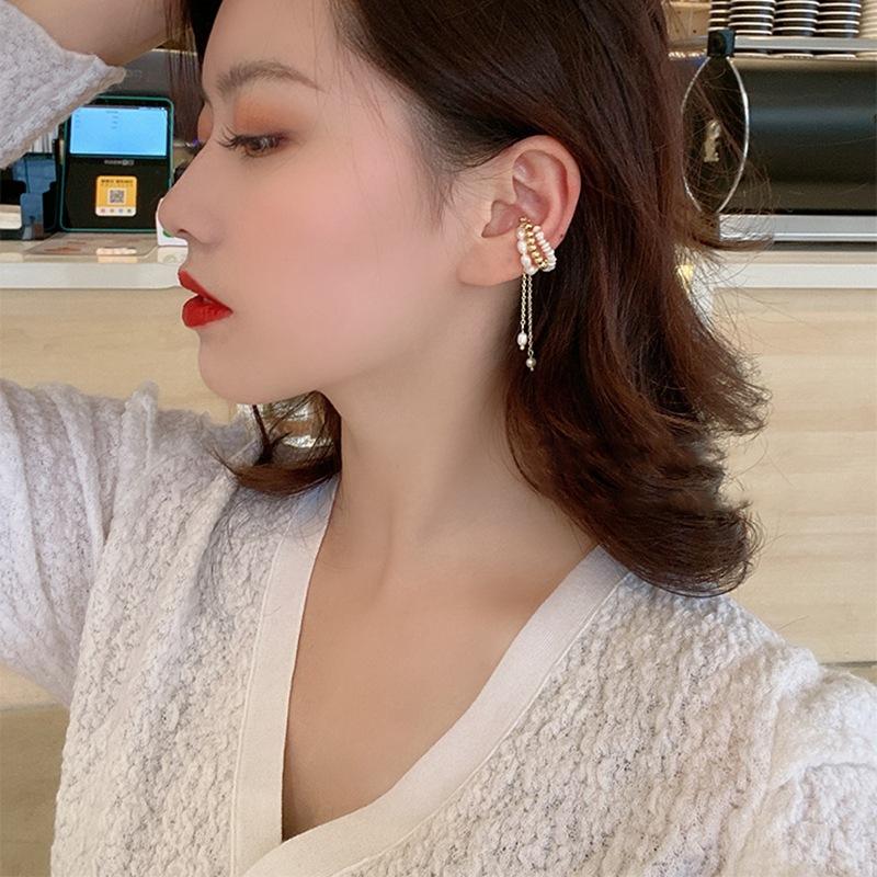 No Piercing Clip Ear Need White Pearl Delicate Elegant Simple Ear Cuff With Chain