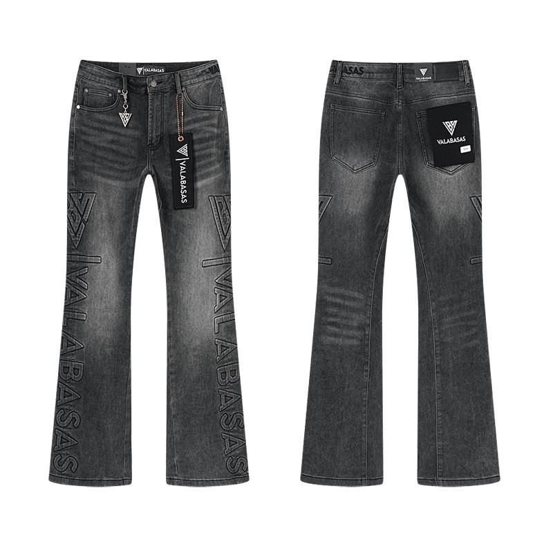 Distressed Washed Denim Jeans Men Slim Fit Flared Leg Embroidery Rhinestone Vintage Streetwear