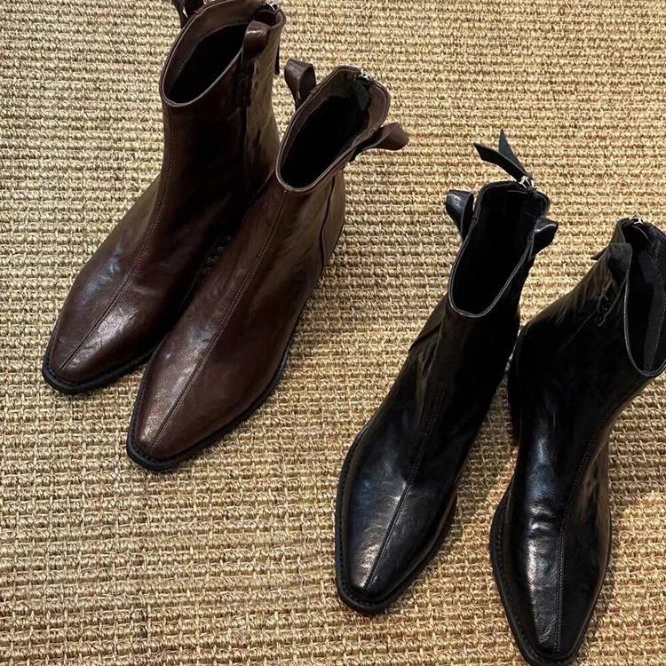 Короткие остроносые ботинки, британские ботинки Martin, кожаные маленькие ботинки, остроносые толстые каблуки, ретро-узкие ботинки West