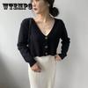 Короткий черный кардиган, женский однобортный вязаный свитер, пальто, укороченные топы для похудения, кардиганы с длинными рукавами и v-образным вырезом для женщин