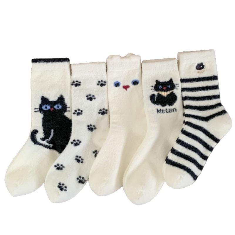 Thick and Fleece Embroidered Cat Long Socks for Autumn and Winter, Cute Fleece Thick and Warm Women's Socks, Australian Fleece Sleep Socks