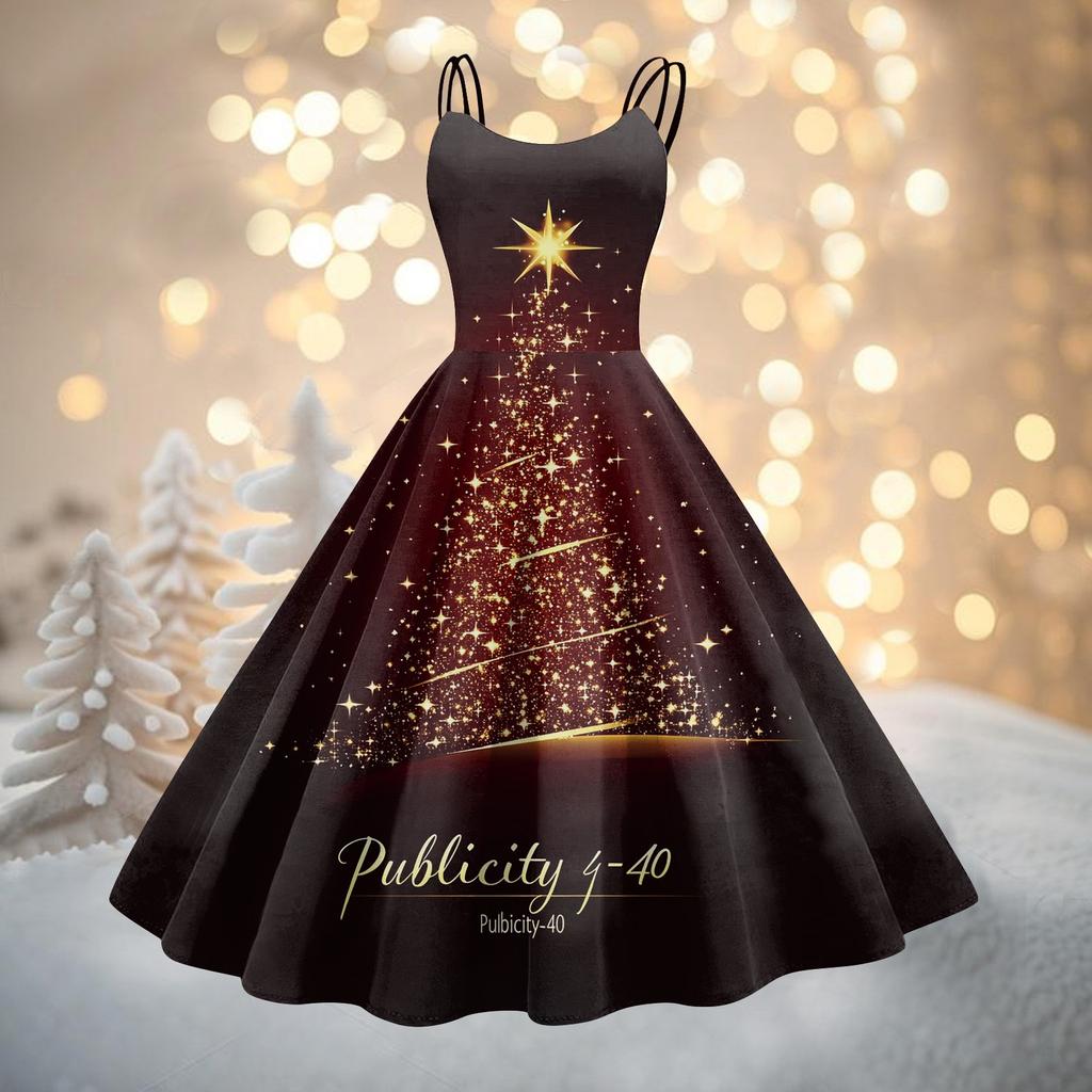 Women's Fashion Christmas Printed Sexy Strapless Gothic Cocktail Dress Punk, Vintage Dress