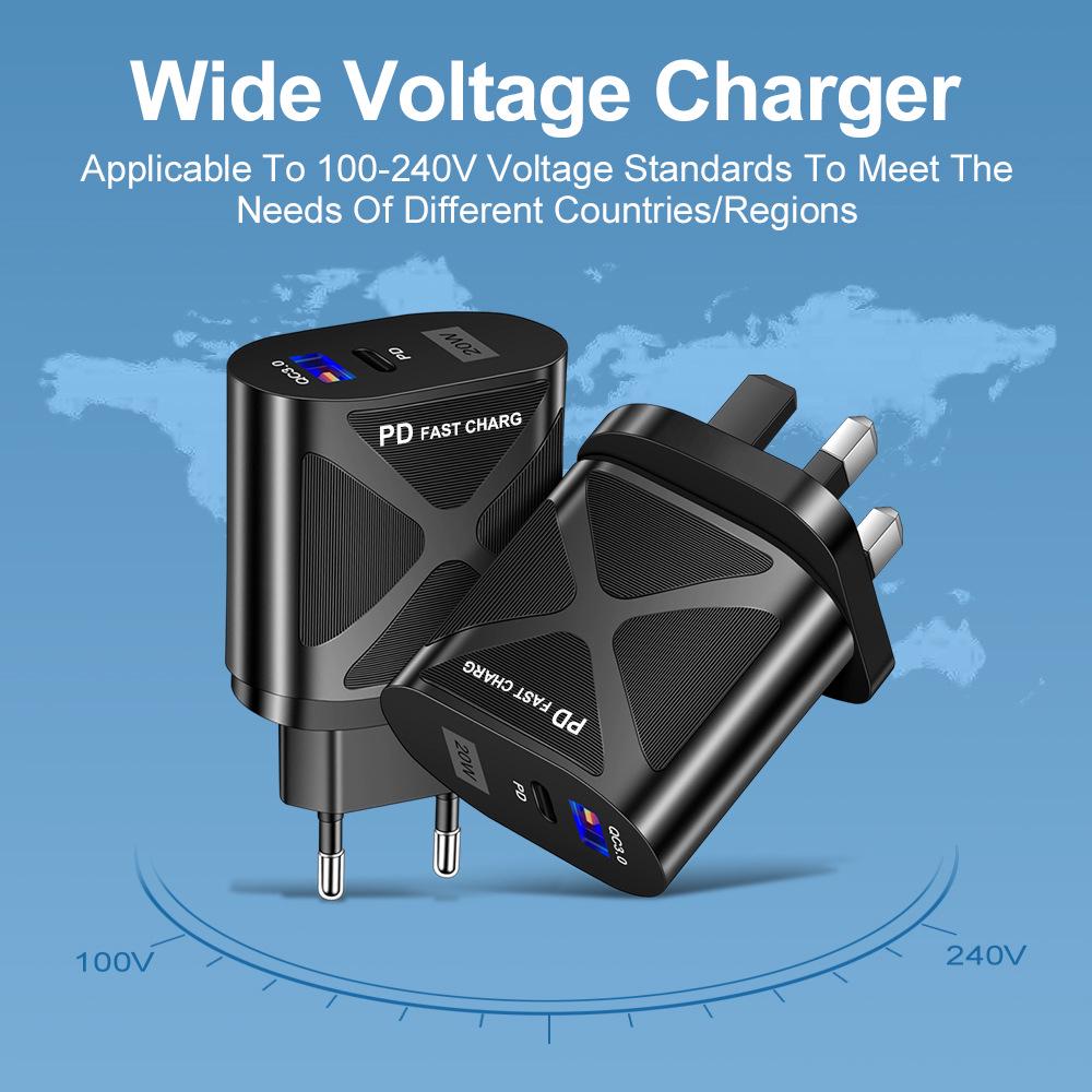 USB-адаптер для путешествий 5В/9В/12В с PD20W и QC3.0 Быстрая зарядка - Стандарт США/ЕС/Великобритании