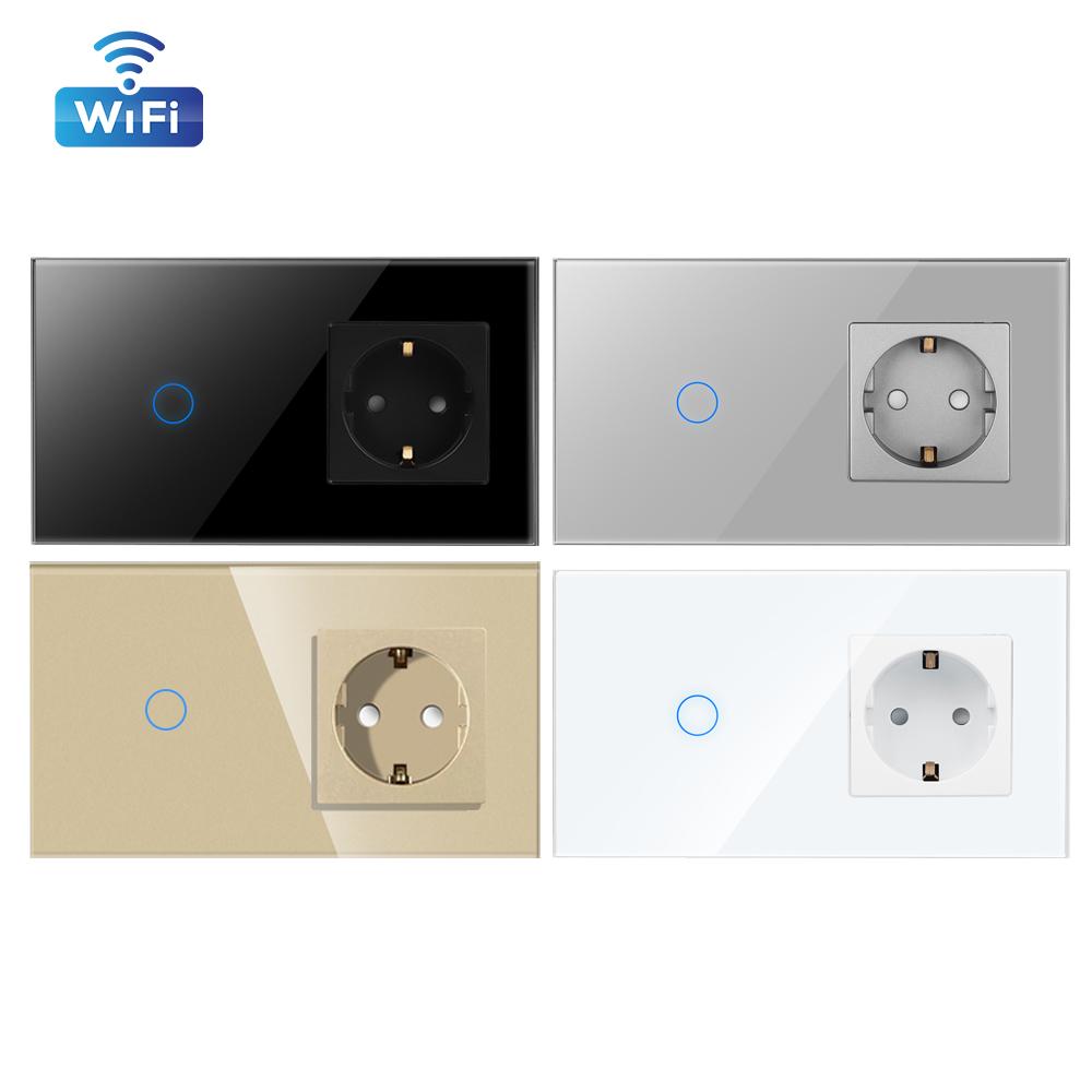 WiFi Smart Life 1/2/3/4 Клавишный Светодиодный Двухполюсный Настенный Выключатель и Розетки Германии Сенсорная Панель Водонепроницаемый Прочный EU Стиль Стеклянная Панель
