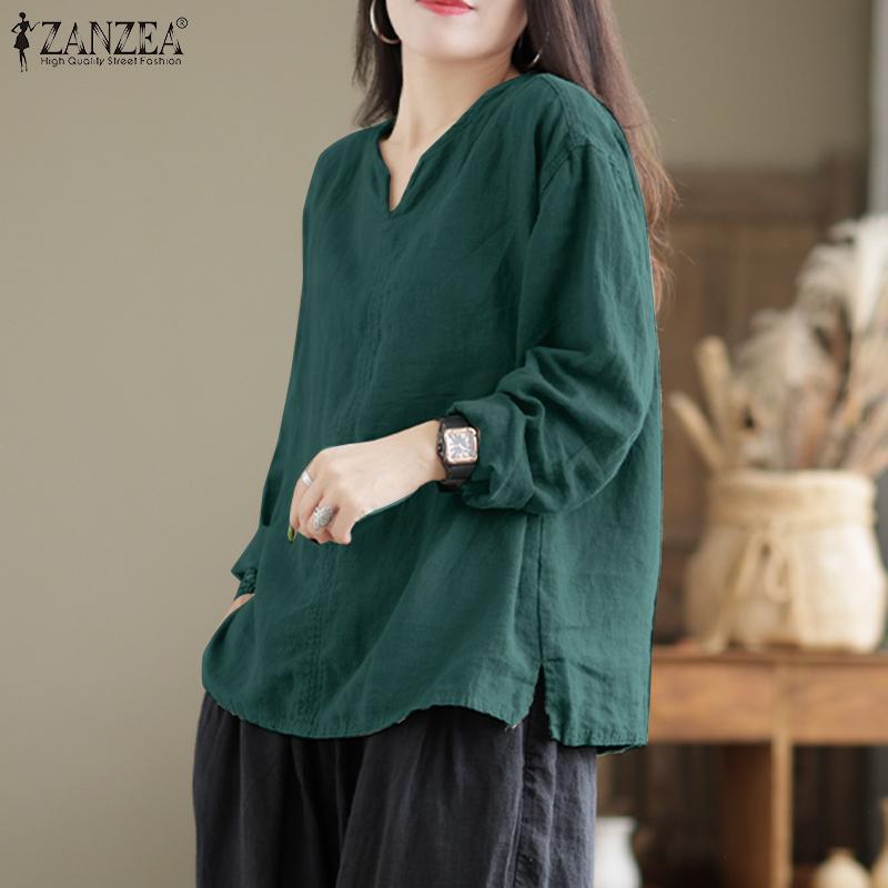 ZANZEA Женские повседневные хлопковые блузки с v-образным вырезом и длинными рукавами