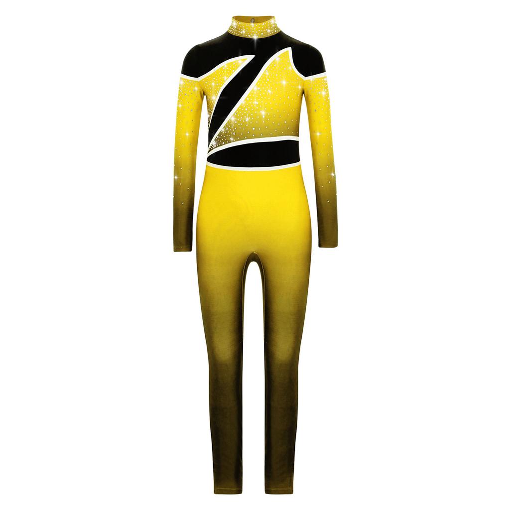 Комбинезон для девочек с цветными блоками, воротником-стойкой, длинными рукавами, вырезом-замочной скважиной на спине, со стразами, для танцевальных выступлений