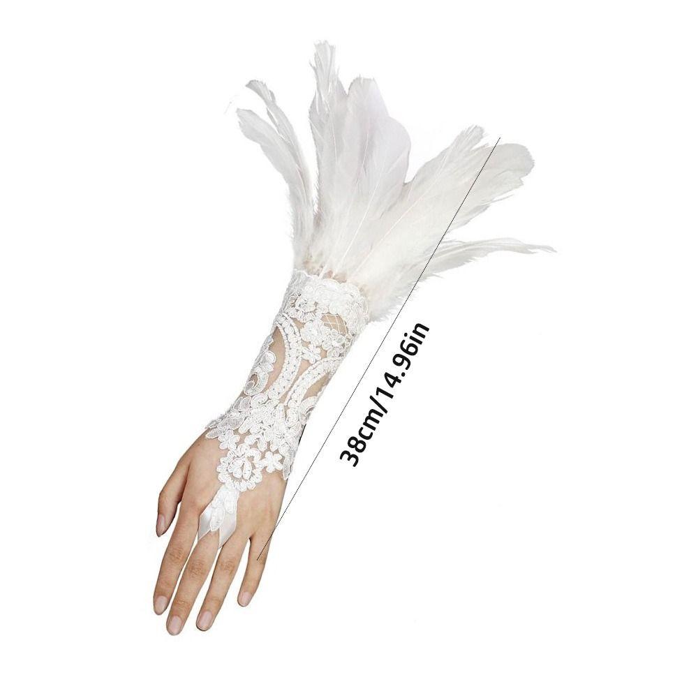 1PC Embroidery Feather Long Gloves White Black Female Mittens Wedding Gloves Party Wear