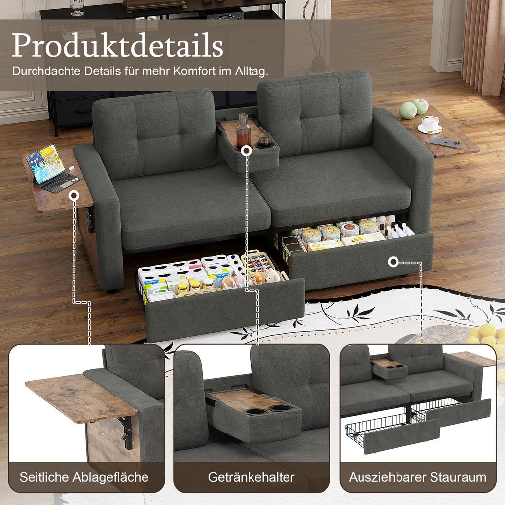 Two-seater sofa with two storage compartments and adjustable seat, fold-out laptop table and drink holders – fabric for living room (Grey Chenille)