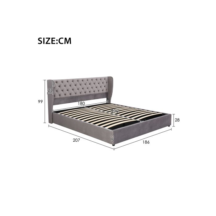 Lit double - MUVOE - 180x200 cm - Tissu velours gris - Rangement coffre - Design Chesterfield