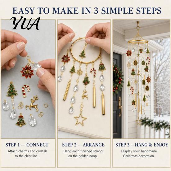Metal Wind Chime with Display Stand DIY Christmas Kit, Faux Crystal Bead Hanging Ornament Craft Set Supplies for Family Stand, Holiday Tabletop Decor,