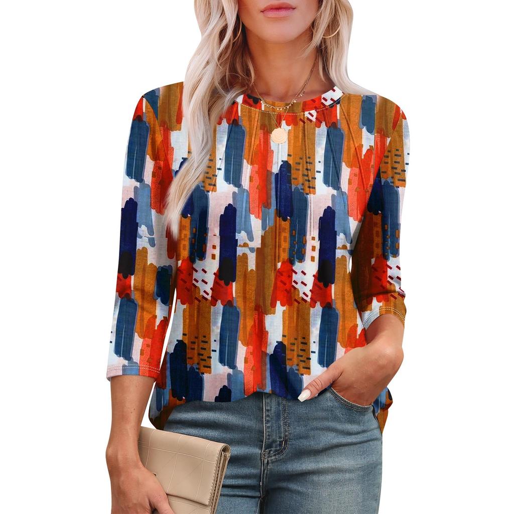 Женская модная футболка с круглым вырезом и рукавом 3/4 с принтом, повседневная, базовая, плиссированная, пуловер