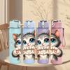 1PC Fluffy Kitten Holding Gift Cartoon Print 750ml Color Plastic Sports Water Bottle Leakproof Flip Straw Lid Suitable for Sports Office Home Use