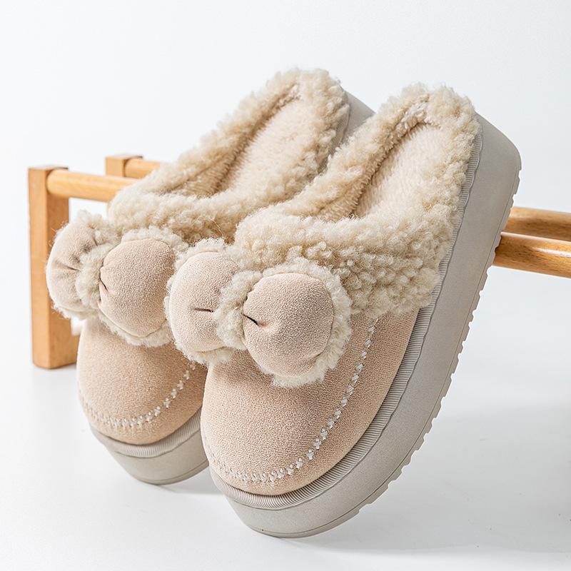 Bow Head Cotton Slippers Home Warm Cotton Drag Autumn and Winter Couple Fashion Plush Cotton Slippers