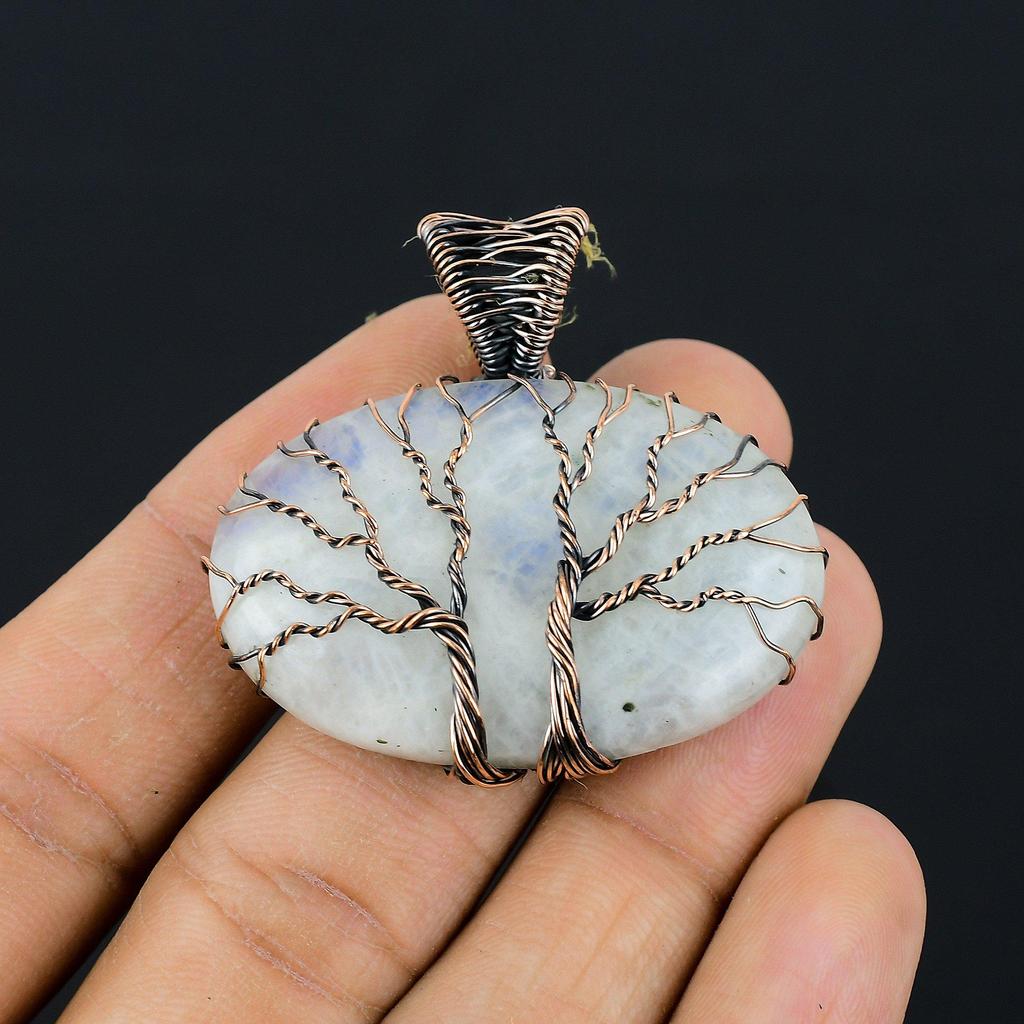 Двойное Древо Жизни Лунный Камень Драгоценный Камень Медная Проволока Обертка Кулон Ручной Работы Ювелирный Подарок