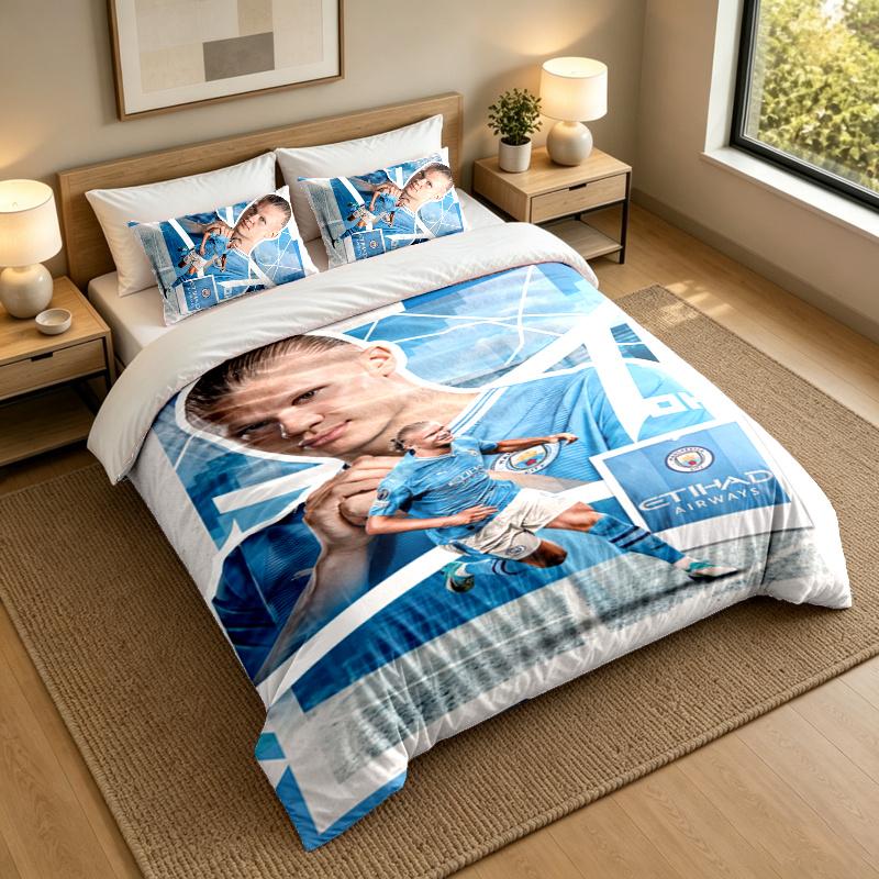 3-Piece Bed Sheet Set with Erling Haaland Design, 1 Flat Sheet and 2 Pillowcases for Bedroom