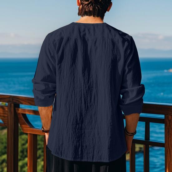 Мужская повседневная рубашка со шнуровкой и V-образным вырезом, свободный крой, длинные рукава, винтажная этническая рубашка в стиле бохо, весна-осень, дышащая хлопковая мужская толстовка, топ