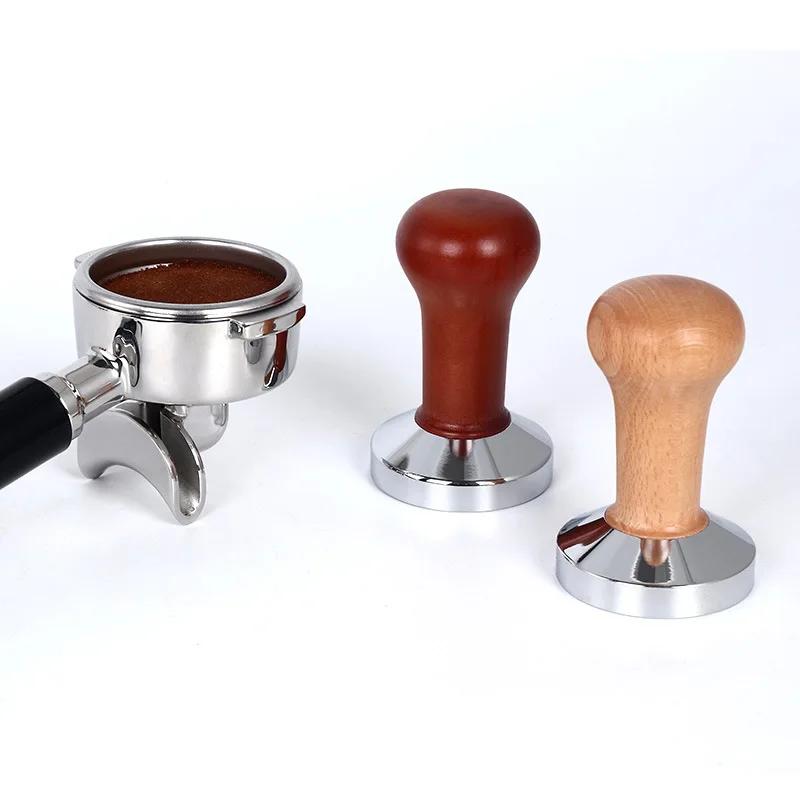 58mm Calibrated Pressure Wood Coffee Tamper Espresso Elastic Powder Compactor 304 Stainless Steel Coffee Powder Hammer