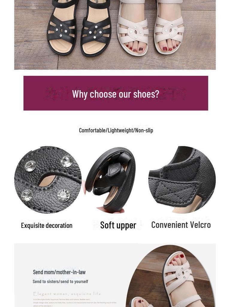 Сандалии со стразами на липучке: Модная, дышащая летняя обувь для женщин среднего возраста и пожилых бабушек.