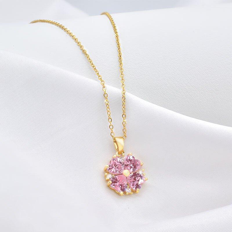 1 Pcs Women Fashion Accessories Inlaid Pink Glass Copper Pendant Necklace Hundreds of Light Luxury Style Jewelry