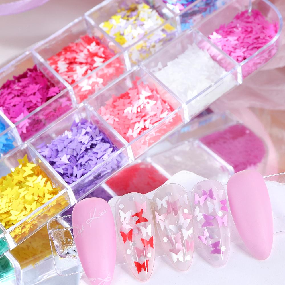 12Grids 3D Butterfly Sequins Nails Art Glitter Flakes Charms Decoration Manicure Accessories for Gel Nail Polish Design Supplies