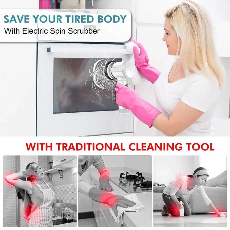 Electric Scrubber Spin Cleaning Brush Power Scrubber With 5 Replaceable Brush Heads Electric Cleaning Brush Dining Plate Kitchen