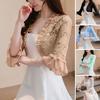 Women Sunscreen Coat Lace See-through Hollow Embroidery Shirring Out Flower Anti-UV Short Three Quarter