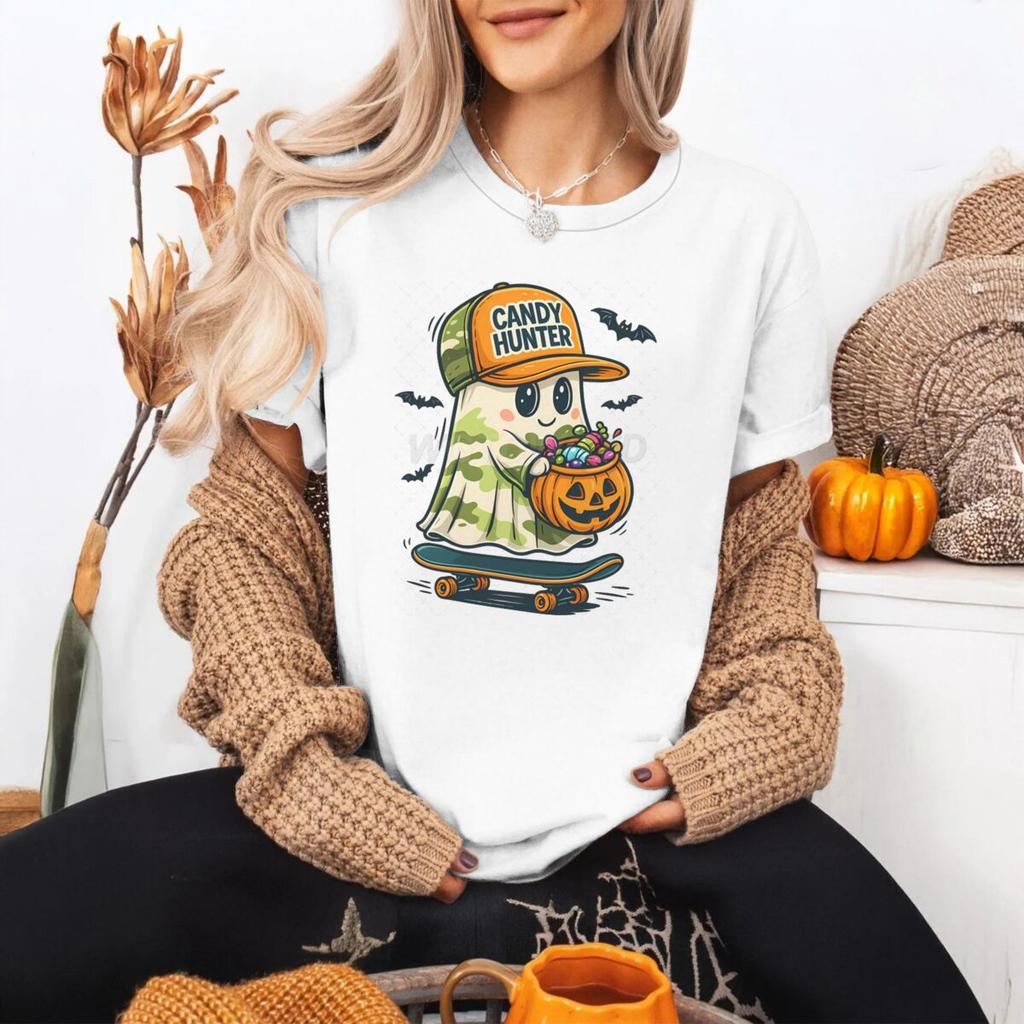Ghost Candy Hunter Shirt Design Unisex Women Cartoon Cute Ghost Halloween Tshirt FeUnisex Halloween Spooky Vibes Fashion Casual Tops