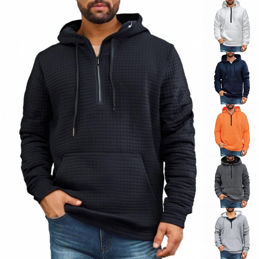 Mens Pullover Fashion Quilted Hoodies Long Sleeve Hooded Sweatshirt With Pocket
