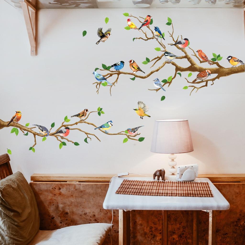 Chinese Style Vintage Bird Sticker Living Room Sofa Wall Decor Stickers Mural Art 3d Tree Branch Green Leaves Stikers