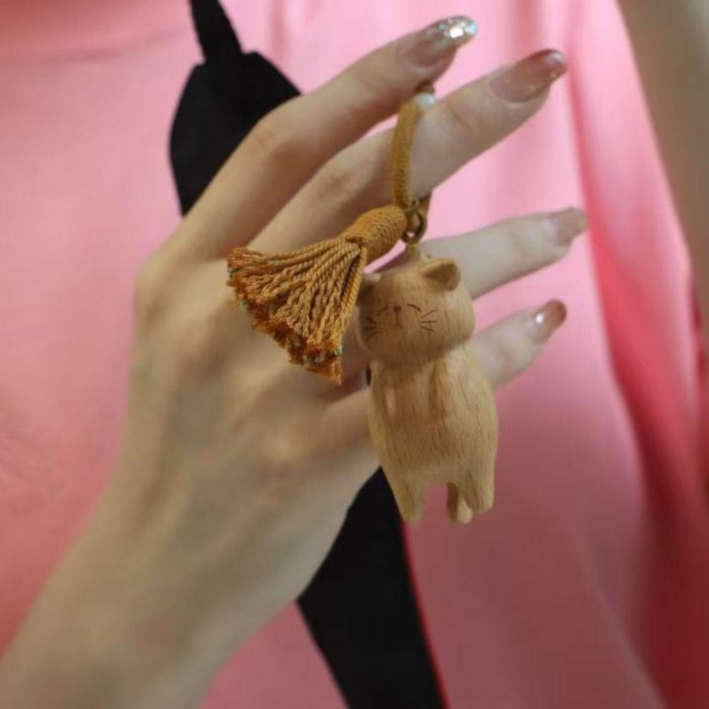 Beads Wooden Carved Cat Keychain Cartoon Animal Carved Cat Keyring  Students