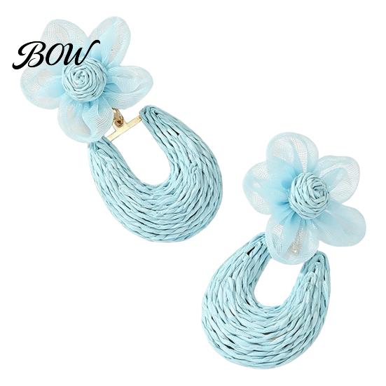 Raffia Braided Hoop Earrings 1 Pair Flower Drop for Women, Boho Summer Outfit Oval Statement Dangle Earrings, Bohemian Beach Vacation Jewelry