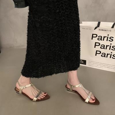 Модные сандалии женские новые высокого качества из натуральной кожи с острым носком, Т-образным ремешком на щиколотке с пряжкой, женские туфли на плоской подошве и низком каблуке с открытым носком