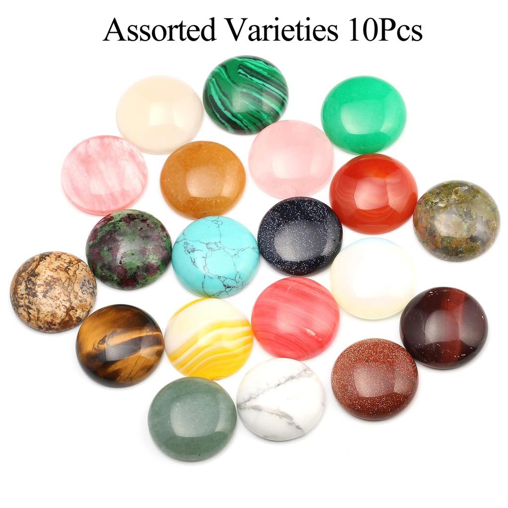 10Pcs, Energy Natural Stone Crystal Quartz Agate Malachite Turquoise Gemstone Cabochons, Fashion Handmade Round Ring Setting for Jewelry Making DIY