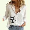 Women Lapel Neck Fashion Buttoned Shirt Spring&summer Thin Cotton Linen Top Casual Cat Print Blouse