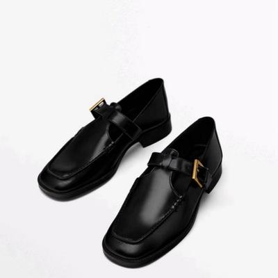 Весенние и летние туфли на плоской подошве Черные кожаные туфли Ретро-лоферы с квадратной головкой