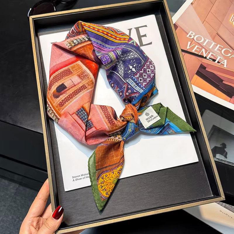 30% Silk 70% Cotton Scarf Women Square Neck Shawls Wraps for Ladies Foulard Scarves Pashmina Female Hijab Bandana Bufanda 70cm