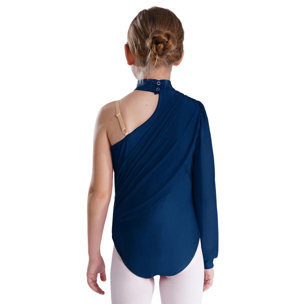 Girls One Shoulder Dance Leotard Stage Performance Costume Mock Neck Long Sleeve Ruched Mesh Overlay Bodysuit for Kids Gymnastics