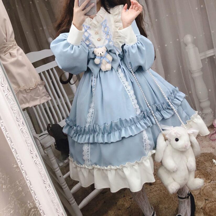 Японское готическое платье Лолиты, женское кавайное кружевное синее платье с бантом и медведем, платье принцессы с длинными рукавами, костюм на Хэллоуин, подарок для девочек