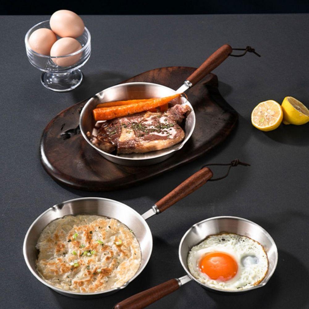 Wooden Handle Omelette Pan Flat Bottom Open Skillet 304 Stainless Steel Frying Pan Kitchen