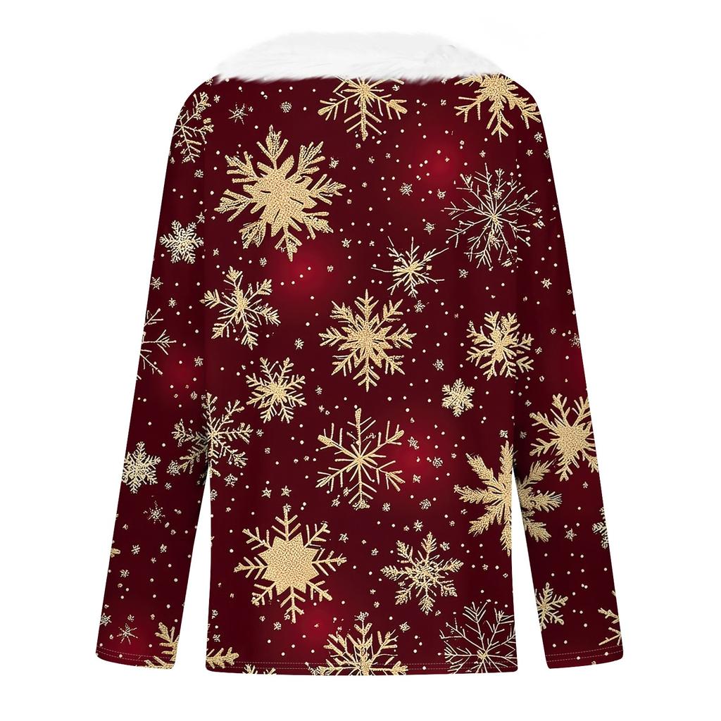 Женская мода с длинным рукавом, рождественский принт, плюшевый ворот, V-образный вырез, пуловер, топ