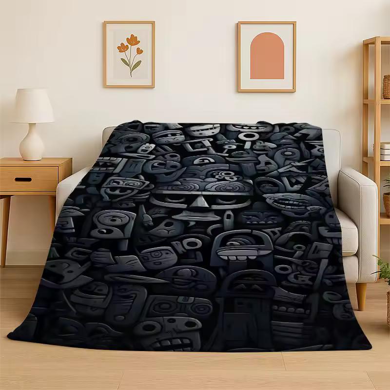 Mayan Mask Aztec Totem Flannel Blanket Soft Warm Throw Blanket for Bedroom Living Room Bed Travel Camping Picnic Nap Cover Gift