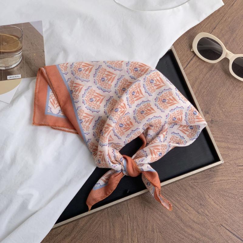 Floral Headscarf Summer Women's Pastoral New Literary and Versatile Small Scarf 58 Cotton and Linen Small Square Scarf Silk Scarf Women's Headband