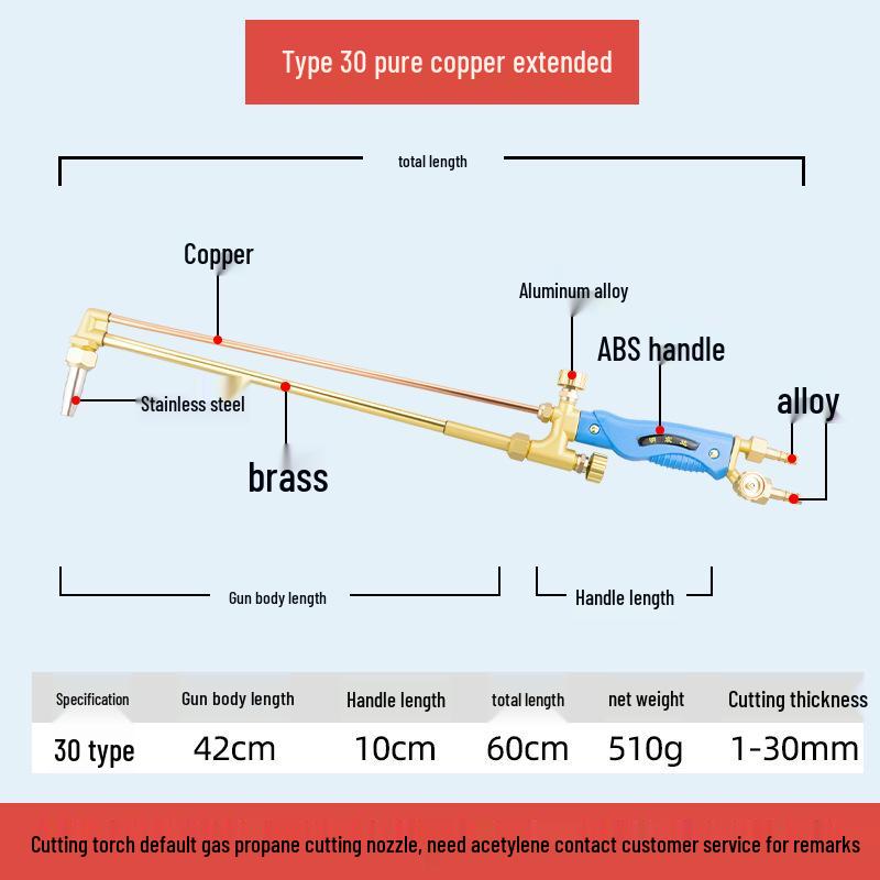 All-Copper Stainless Steel Extended & Thickened Oxygen Acetylene Cutting/Welding Torch Injector, Model G01-30/100/300.