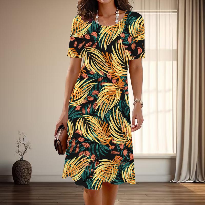 Женская мода изящный великолепный принт лето весна короткий рукав О-образный вырез повседневные платья
