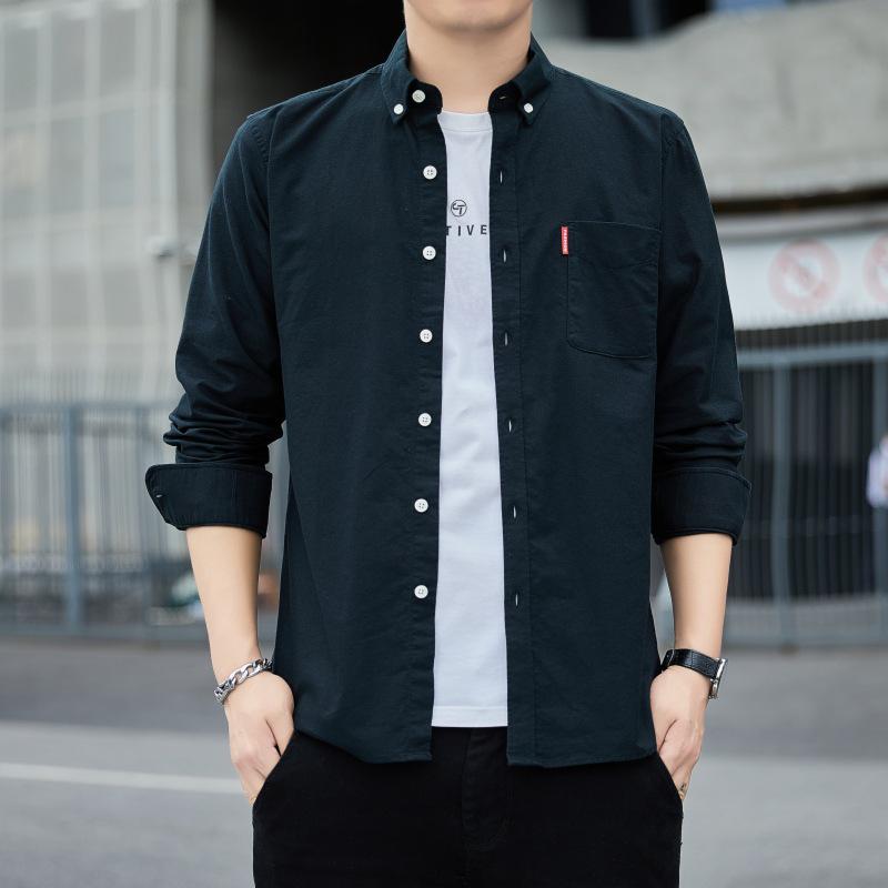 Мужская приталенная рубашка Оксфорд с длинным рукавом - Весенне-осенняя повседневная и дышащая