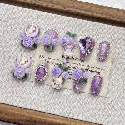 Фиолетовые накладные ногти миндалевидной формы, французский маникюр с дизайном кошки, полное покрытие, акриловые ногти на клеевой основе, искусственные накладные ногти для женщин